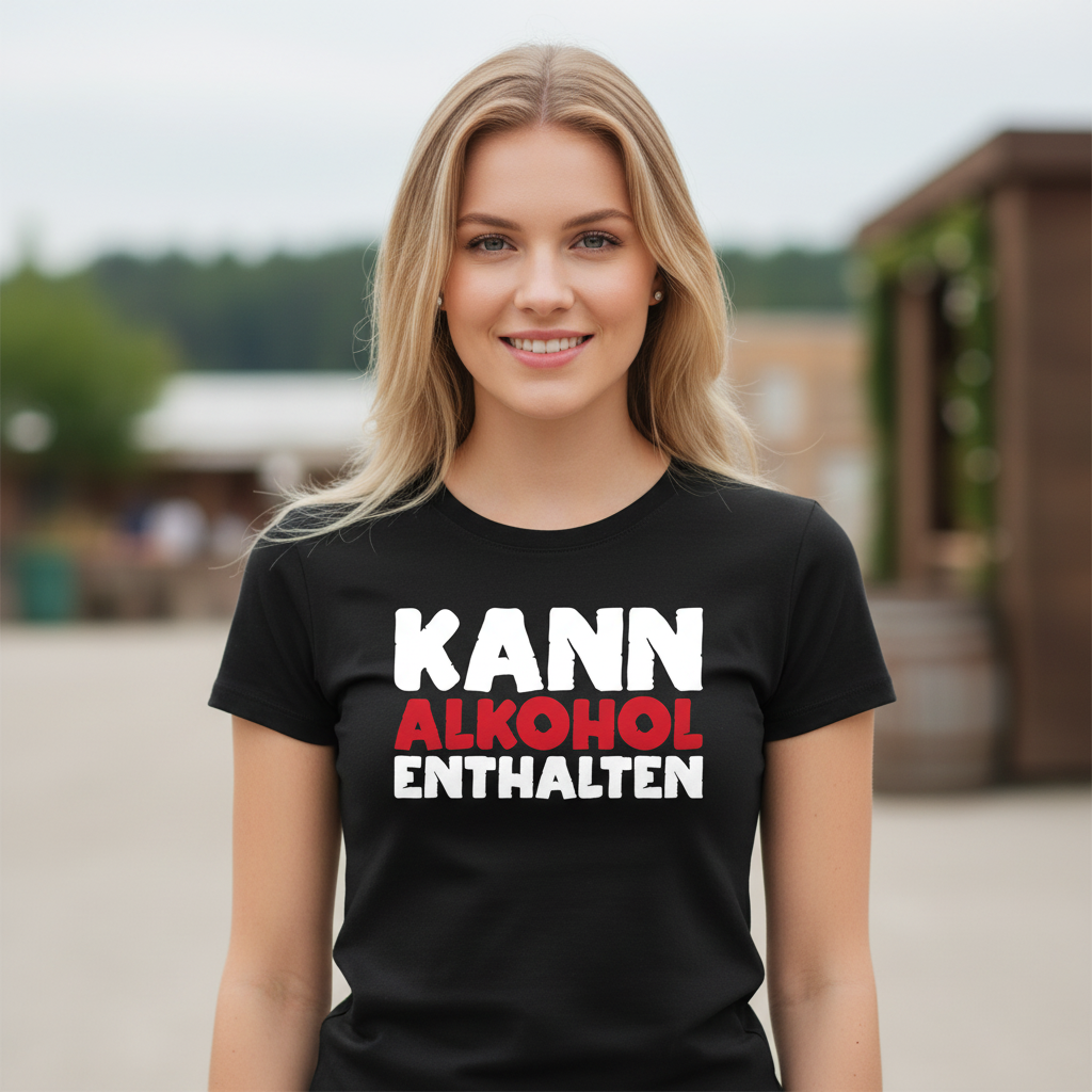 Eine Frau trägt das Kann Alkohol enthalten Damen Shirt auf einem Weinfest in Rheinland-Pfalz