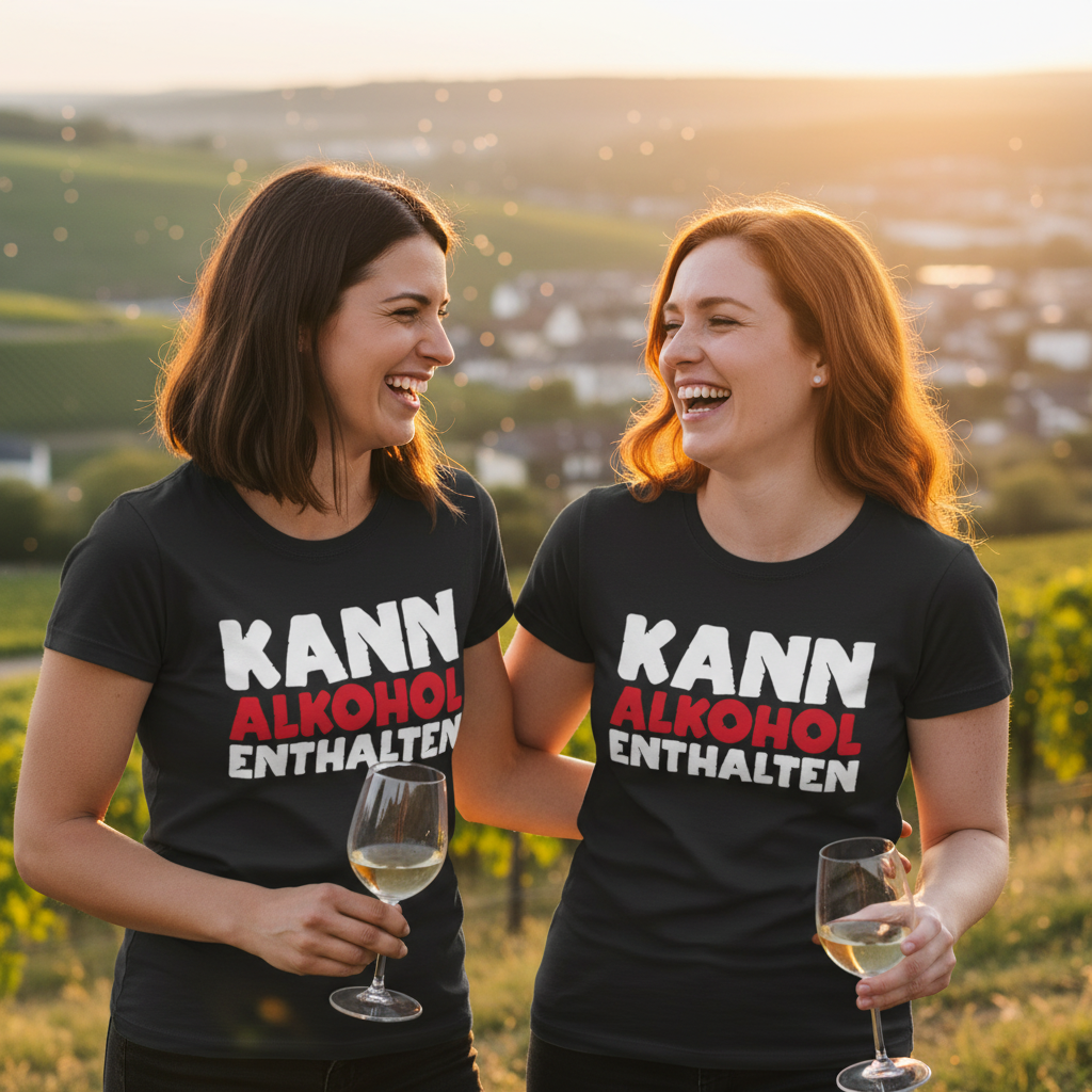 Zwei Freundinnen tragen das Kann Alkohol enthalten Shirt bei einer Weinprobe an der Mosel