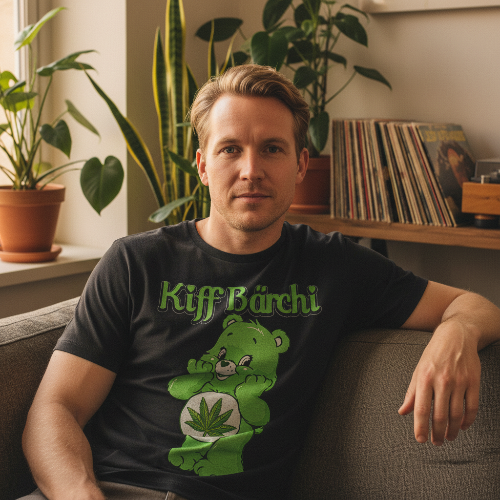 Gemütlicher Feierabend auf der Couch, Mann trägt Glücksbärchi Cannabis Shirt mit Vinyl-Sammlung im Hintergrund