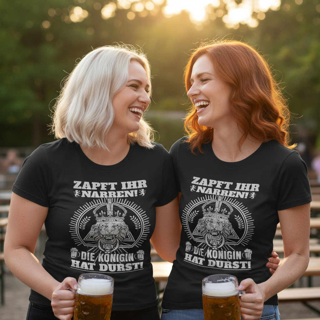 Zwei Frauen tragen das Königin hat Durst Shirt beim JGA im Biergarten im Partnerlook