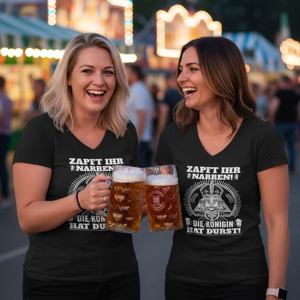 Zwei Frauen tragen die Königin hat Durst Shirts beim Volksfest und stoßen mit Maßkrügen an