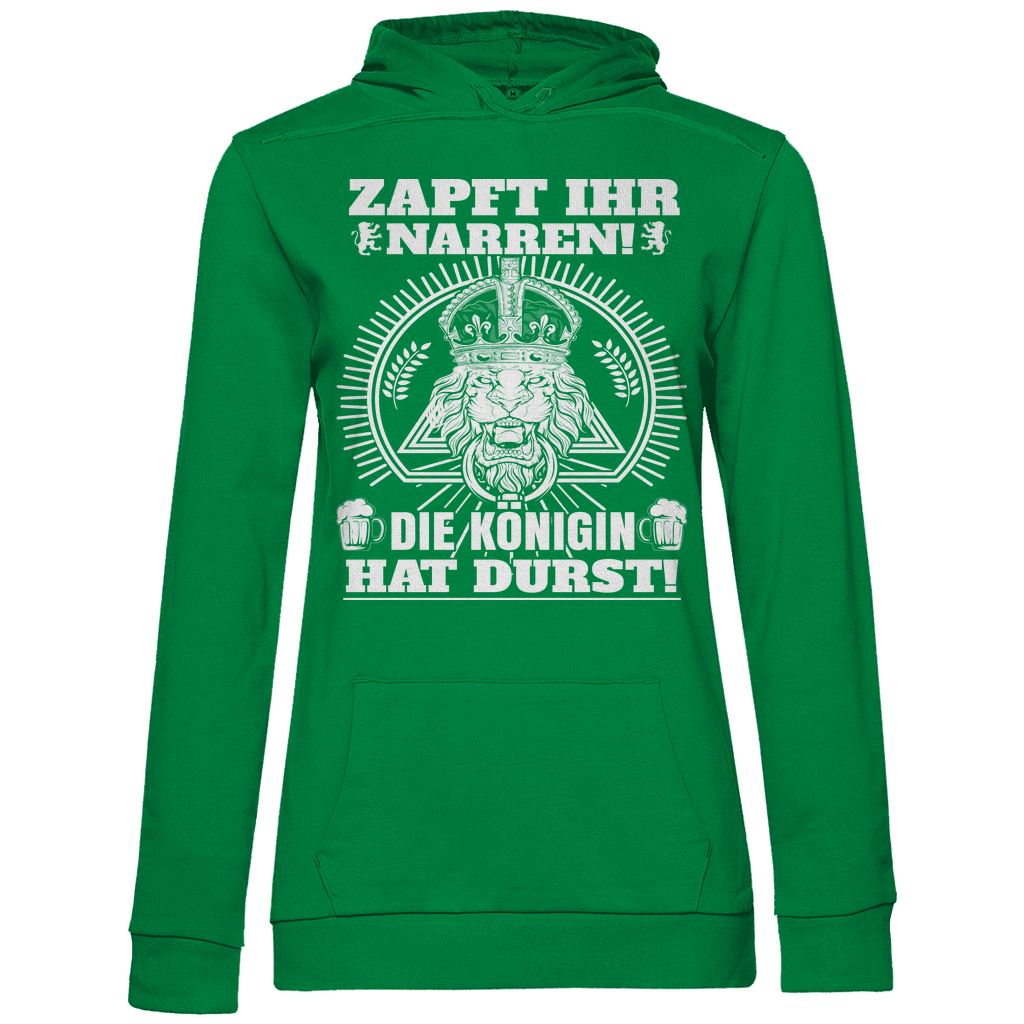 Grüner Damen Party Hoodie mit die Königin hat Durst Design und Löwen-Krone-Motiv, Frontansicht