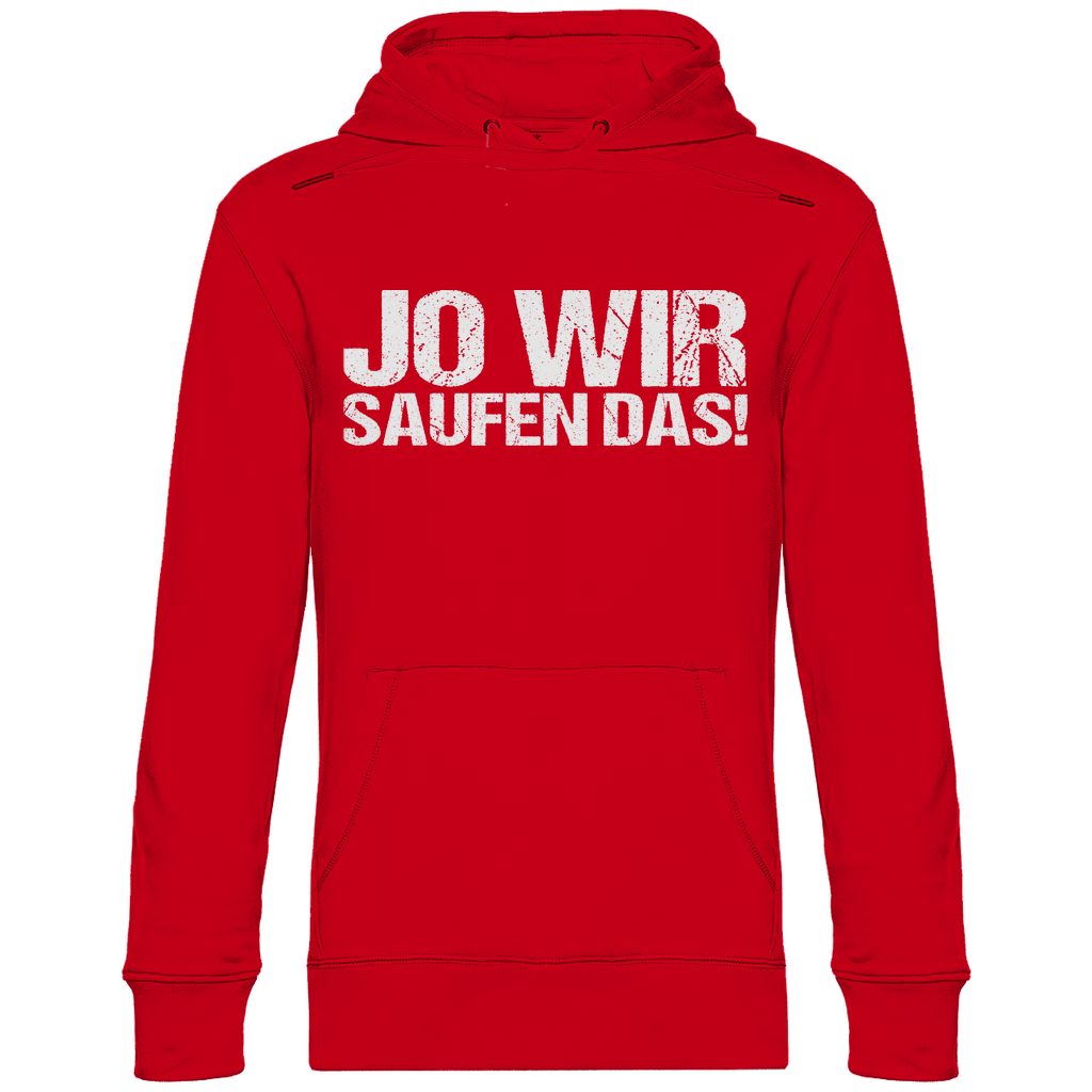 Roter Unisex Hoodie mit JO WIR SAUFEN DAS! Aufdruck für Kneipentour und Volksfest, Frontansicht