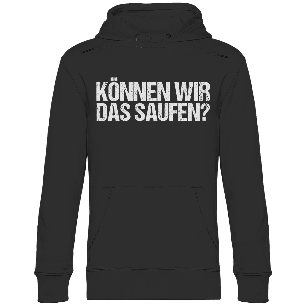 Schwarzer Unisex Hoodie mit KÖNNEN WIR DAS SAUFEN? Aufdruck für Partys und Festivals, Frontansicht