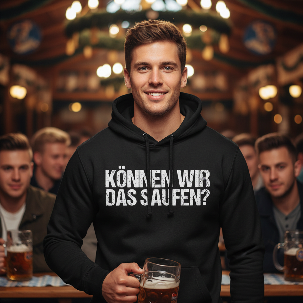 Ein Mann trägt den Können wir das saufen Hoodie im Oktoberfest Bierzelt und hält einen Maßkrug