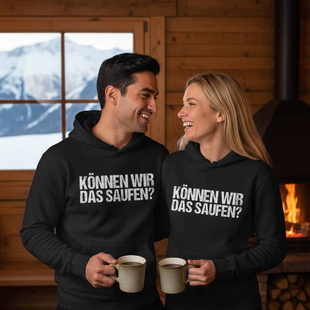 Ein Pärchen trägt den Können wir das saufen Hoodie als Partnerlook in der Après-Ski Hütte mit Glühwein