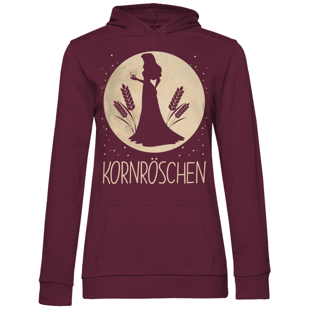 Weinroter Damen Hoodie mit Kornröschen Design witzig für JGA und Mädelsabend, Frontansicht