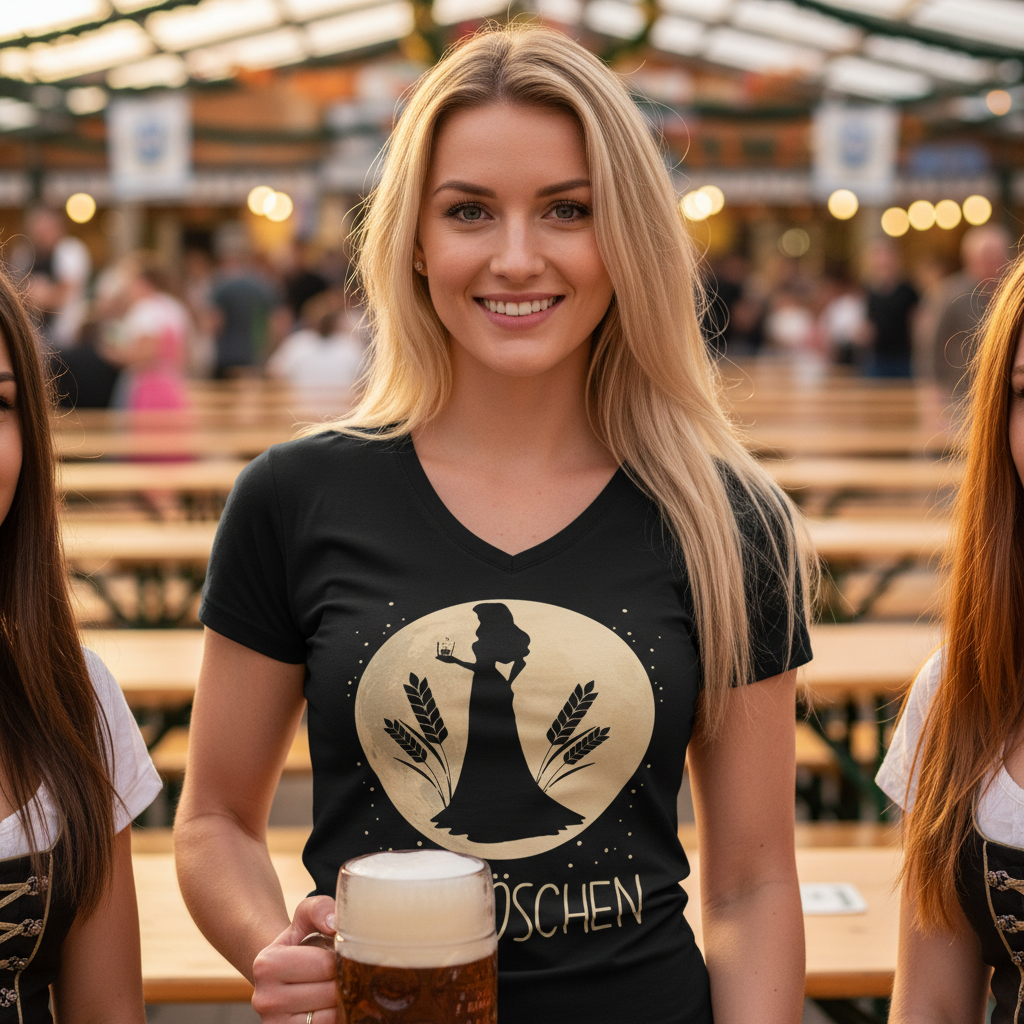 Eine Frau trägt das Kornröschen V-Neck Shirt auf dem Volksfest im Biergarten und hält einen Maßkrug