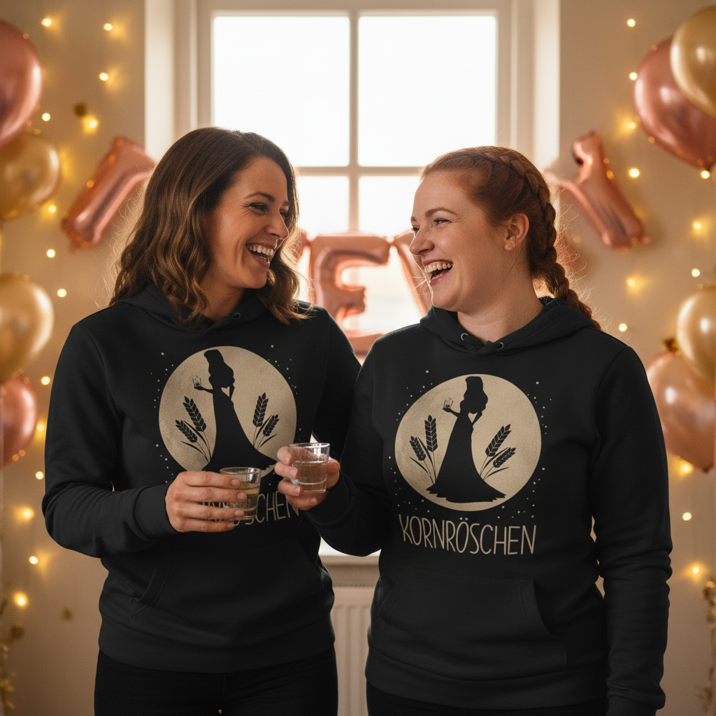 Zwei Frauen tragen den KORNRÖSCHEN Hoodie beim JGA und feiern zusammen mit Korn-Shots