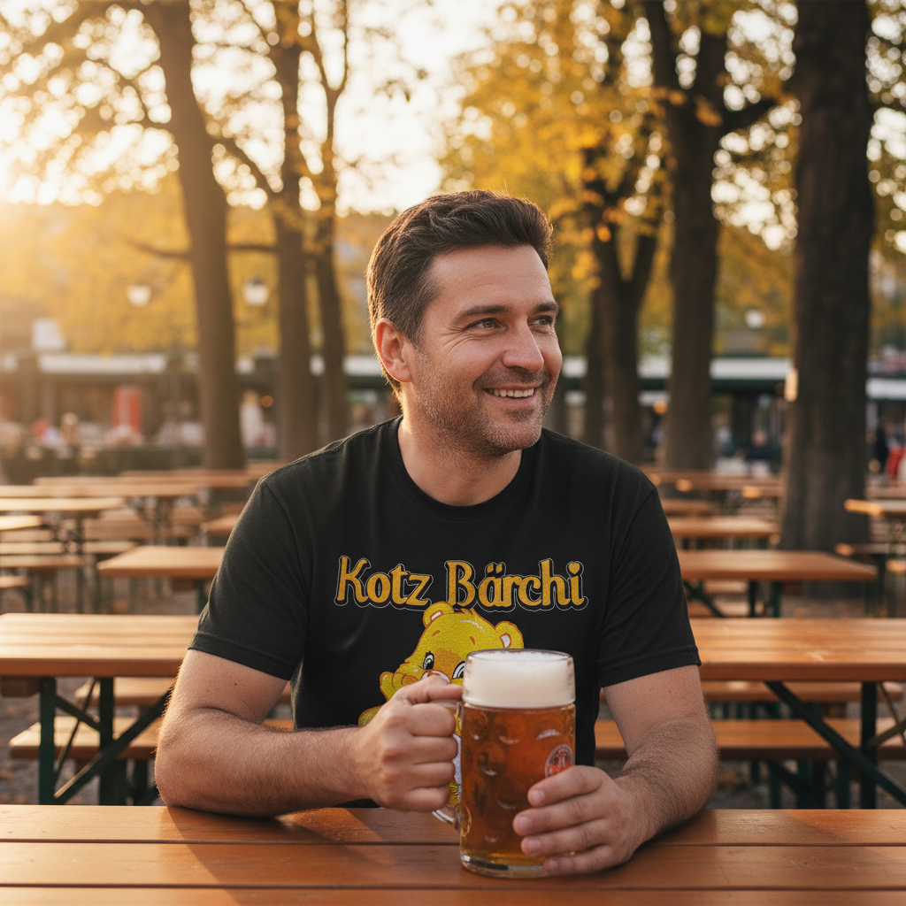 Entspannter Biergarten-Besuch mit Kotz Bärchi Shirt, Holztisch und Kastanienbäume bei Sonnenuntergang