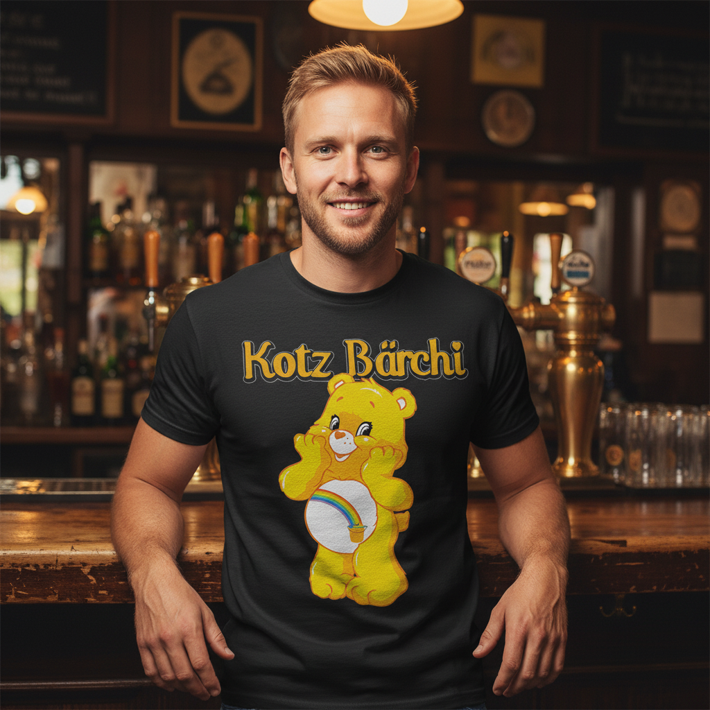 Mann mit Kotz Bärchi Herren Shirt lehnt entspannt am Tresen einer Kneipe, Zapfhähne sichtbar