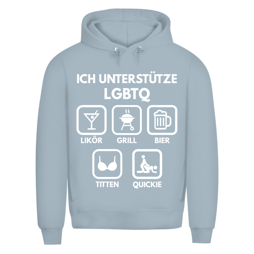 ICH UNTERSTÜTZE LGBTQ – Likör, Grill, Bier, Titten, Quickie – Herren Premium Bio Hoodie Blue Fog