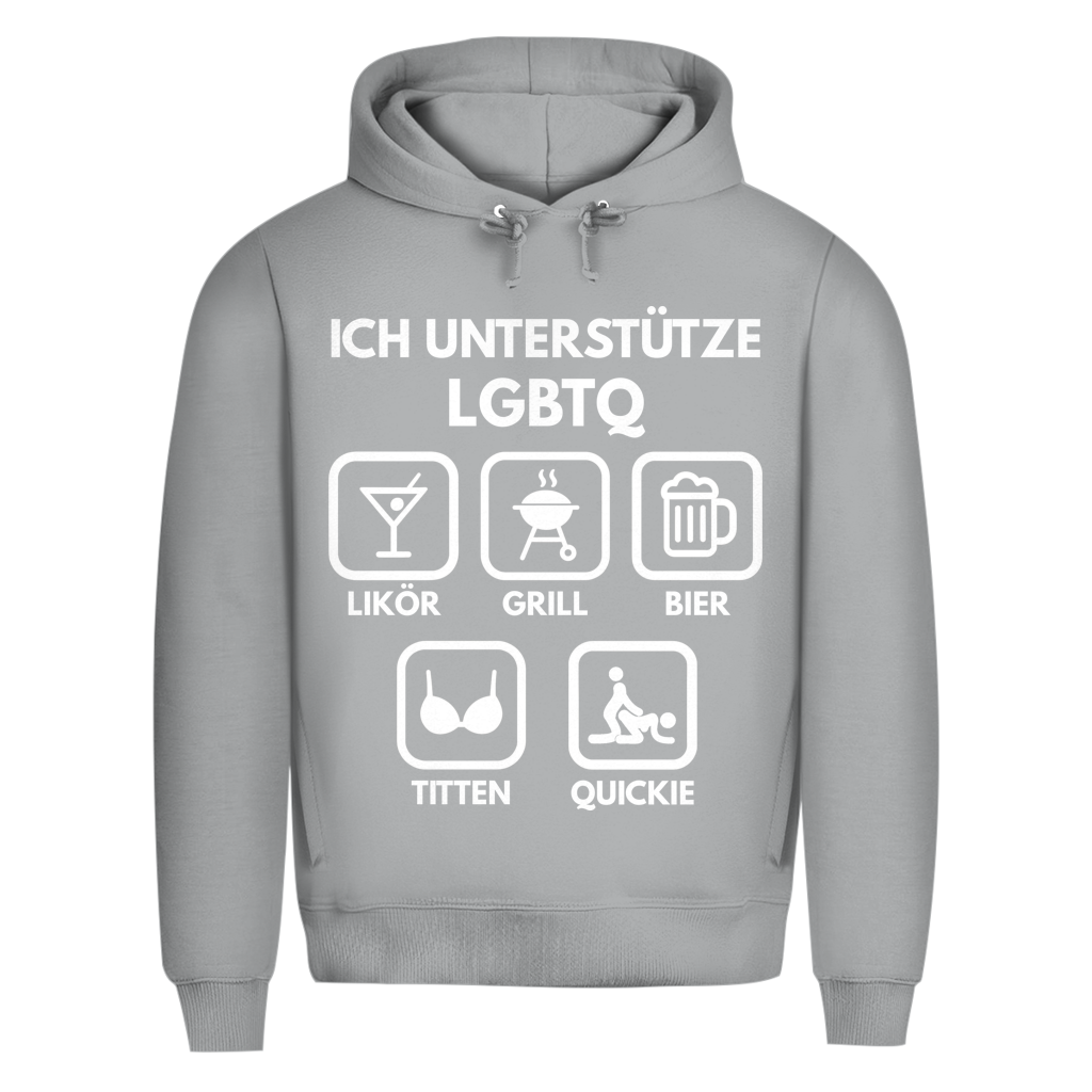 ICH UNTERSTÜTZE LGBTQ – Likör, Grill, Bier, Titten, Quickie – Herren Premium Bio Hoodie Heather Grey