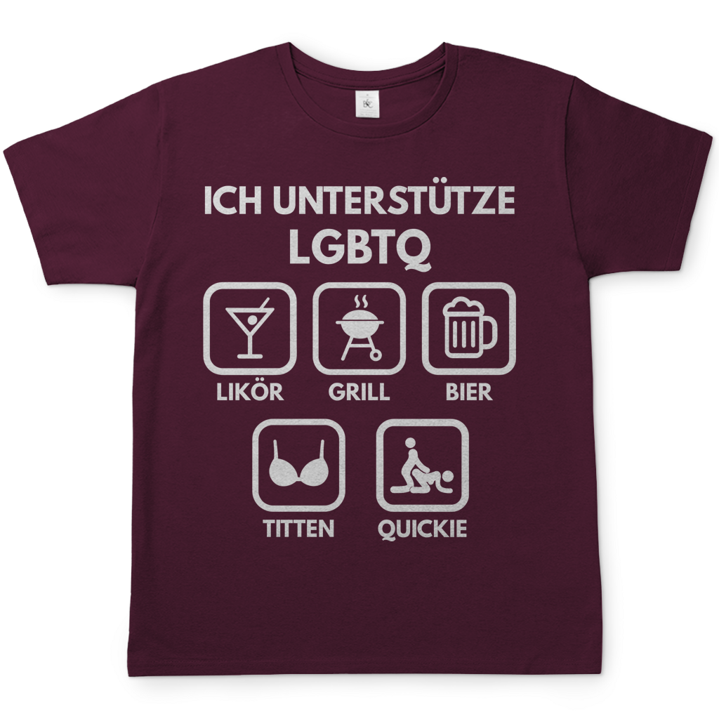 ICH UNTERSTÜTZE LGBTQ – Likör, Grill, Bier, Titten, Quickie – Herren T-Shirt Burgundy