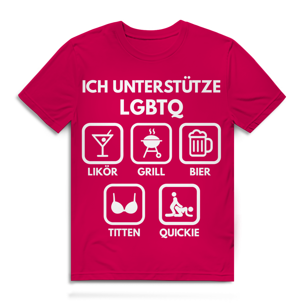 ICH UNTERSTÜTZE LGBTQ – Likör, Grill, Bier, Titten, Quickie – Herren Premium Bio T-Shirt Fuchsia