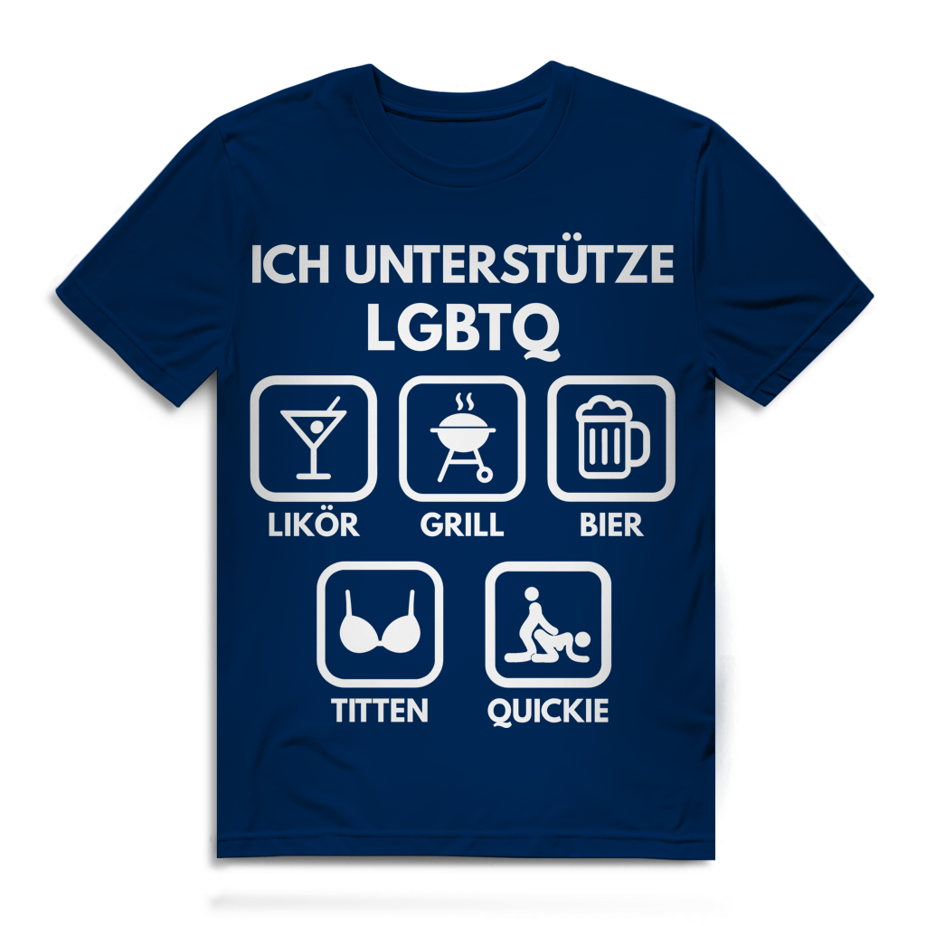 ICH UNTERSTÜTZE LGBTQ – Likör, Grill, Bier, Titten, Quickie – Herren Premium Bio T-Shirt Navy