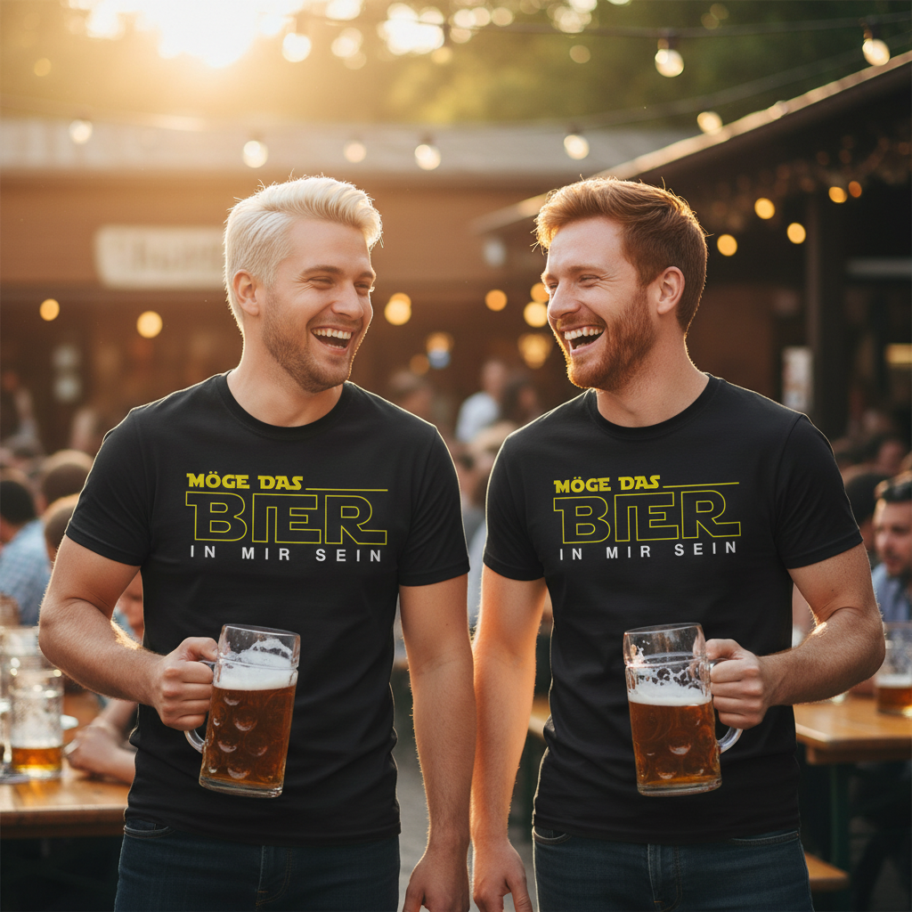 Zwei Männer tragen das Möge das Bier in mir sein Shirt im Biergarten und halten Bierkrüge