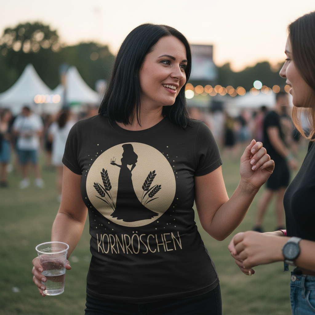 Eine Frau trägt das Mond Prinzessin Kornröschen Shirt beim Festival in Stuttgart und tanzt