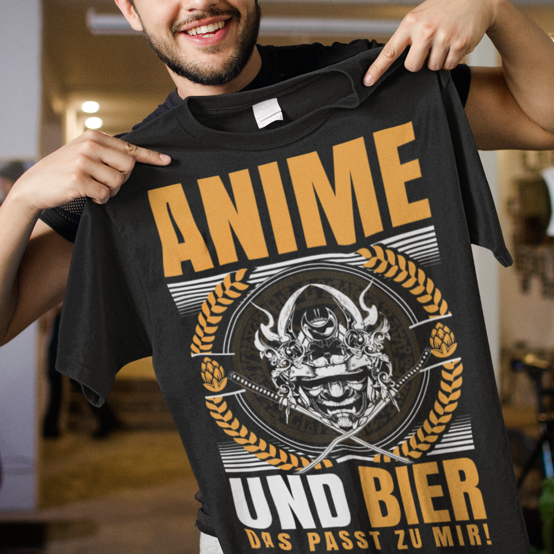 Herren T-Shirt Anime und Bier das passt zu mir Samurai Bio Baumwolle
