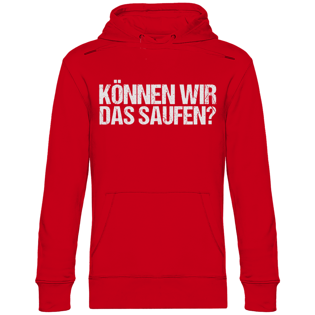 Roter Party Hoodie mit Können wir das saufen Aufdruck für JGA und Junggesellenabschied, Frontansicht