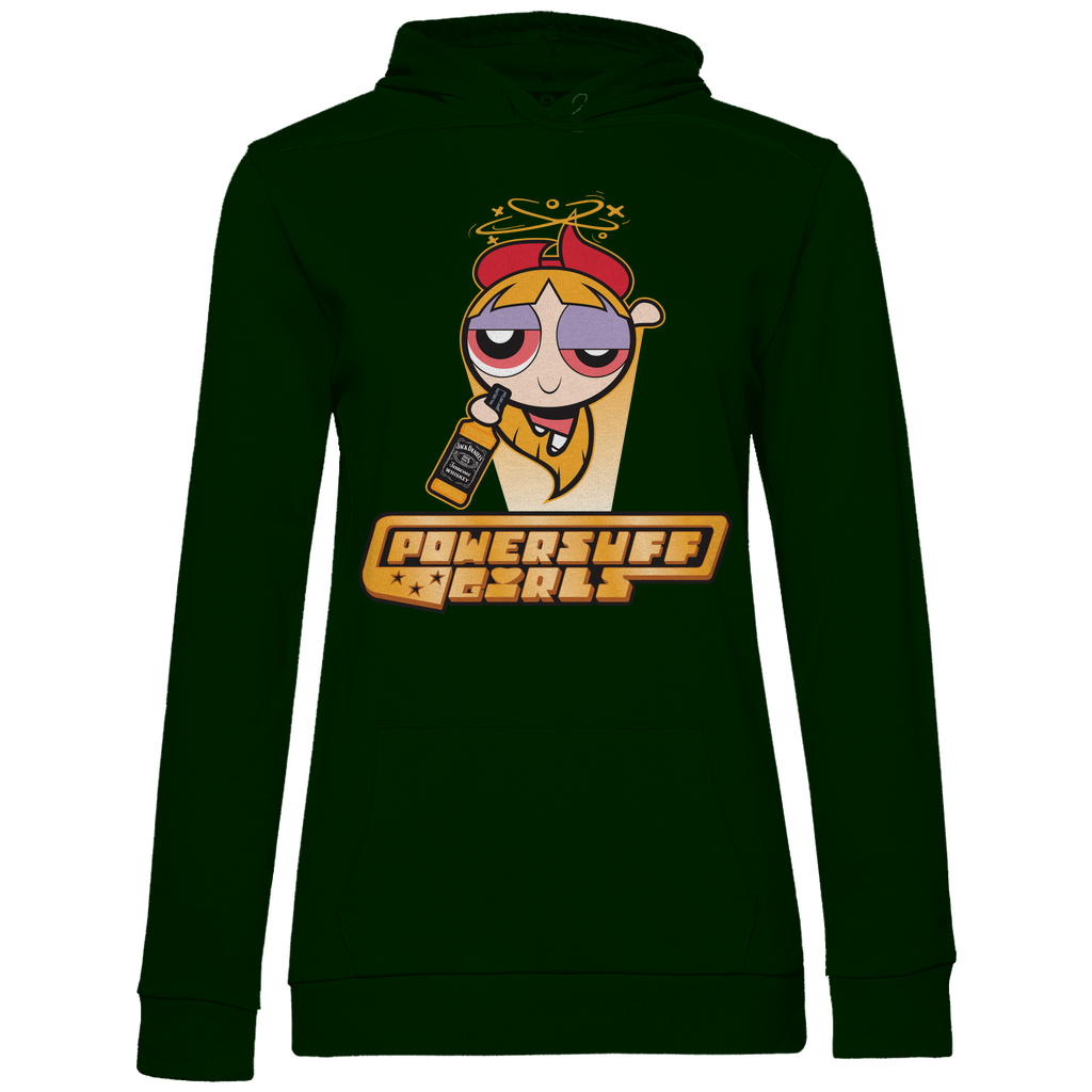 Waldgrüner Damen Hoodie mit Powerpuff Girls Nostalgie Motiv POWERSHUFF GIRLS, Frontansicht