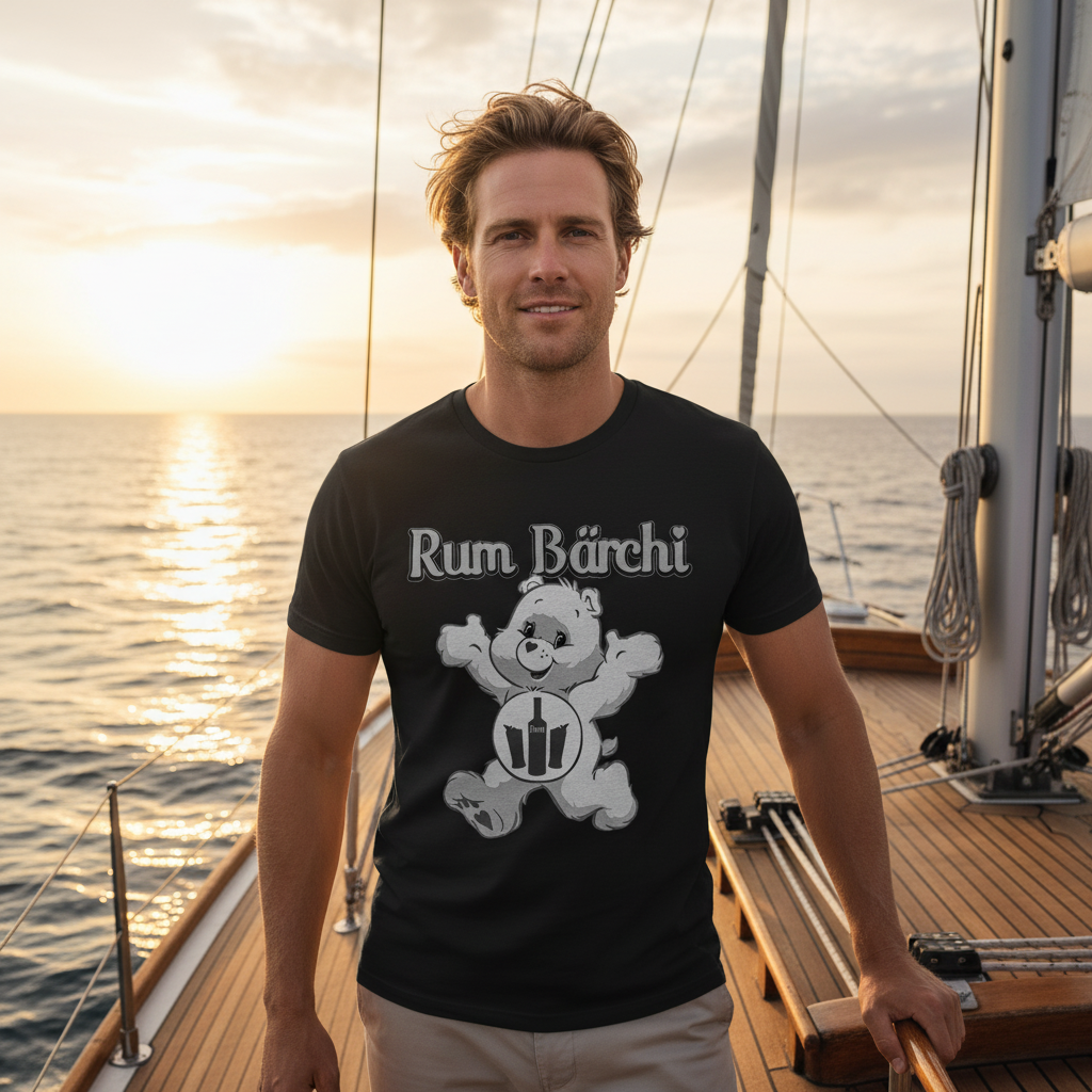 Segelboot-Abenteuer bei Sonnenuntergang mit Rum Bärchi Glücksbärchi Shirt, Meer und Segel sichtbar