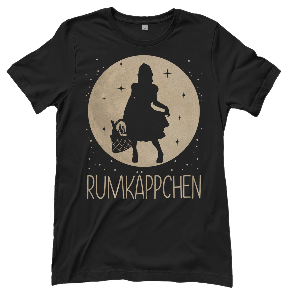 Schwarzes Damen T-Shirt mit RUMKÄPPCHEN Design Mond Prinzessin Silhouette, Frontansicht