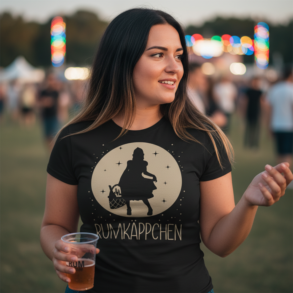 Eine Frau trägt das Rumkäppchen Shirt beim Festival im Freien und hält Rum-Drink