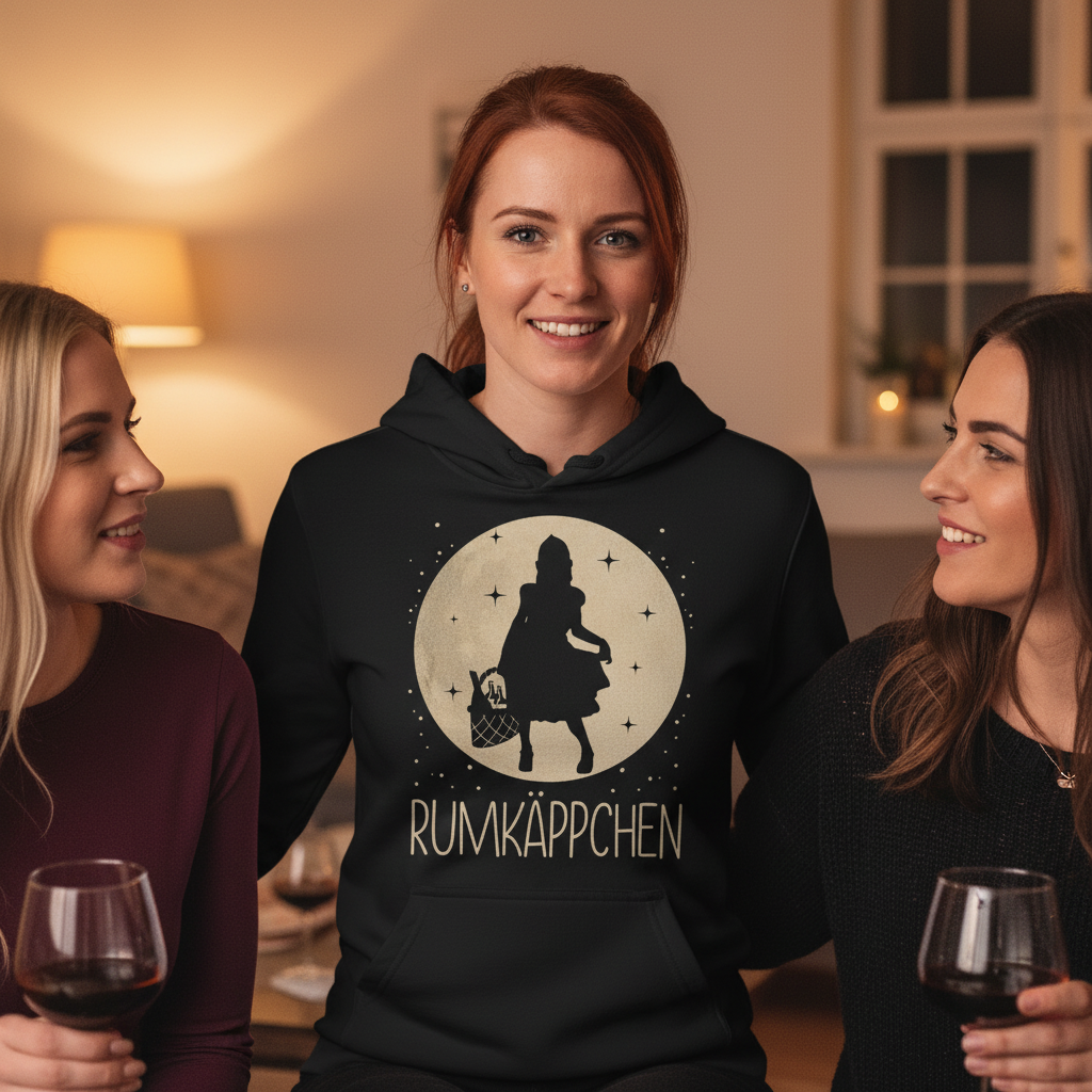 Eine Frau trägt den RUMKÄPPCHEN Hoodie beim Mädelsabend zuhause mit Freundinnen