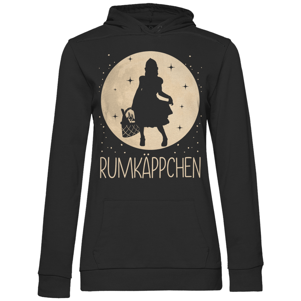 Schwarzer Damen Hoodie mit RUMKÄPPCHEN Mond Prinzessin Motiv beige, Frontansicht