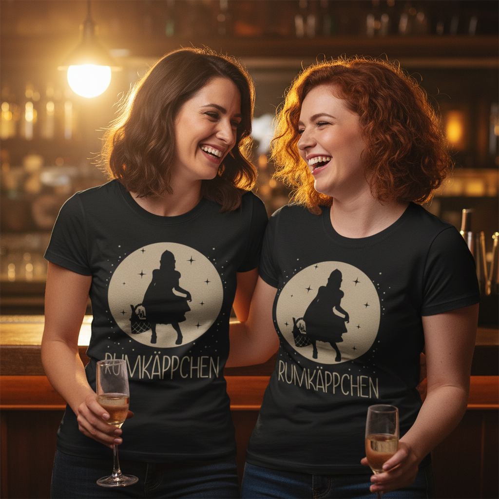 Zwei Frauen tragen Rumkäppchen Shirts beim Mädelsabend in Cocktailbar und lachen zusammen