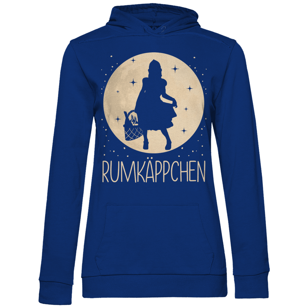 Royal Blue Frauen Hoodie mit Rotkäppchen Parodie RUMKÄPPCHEN und Mond Motiv, Frontansicht