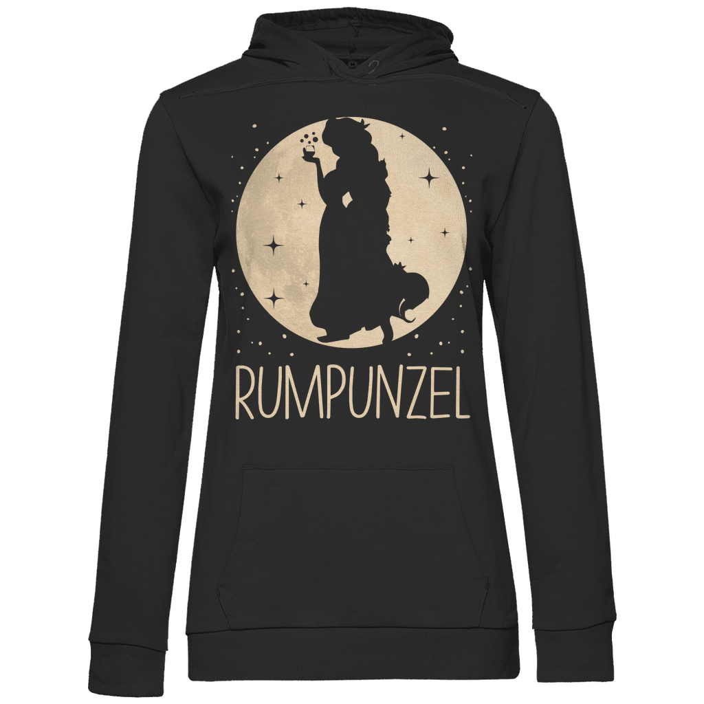Schwarzer Damen Hoodie mit RUMPUNZEL Mond Prinzessin Motiv Disney Parodie, Frontansicht