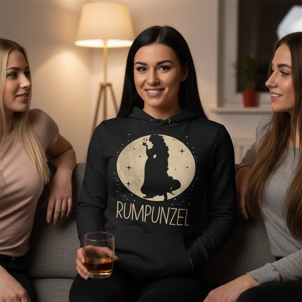 Eine Frau trägt den Rumpunzel Hoodie beim Mädelsabend zuhause und hält ein Rum-Glas