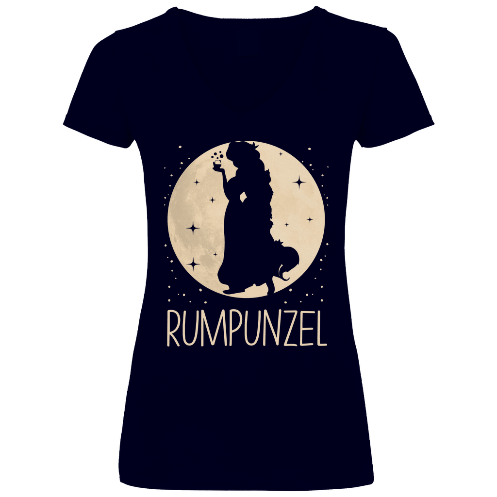 Navy V-Neck Shirt Damen mit Rumpunzel Rapunzel Parodie Märchen-Humor Design, Frontansicht