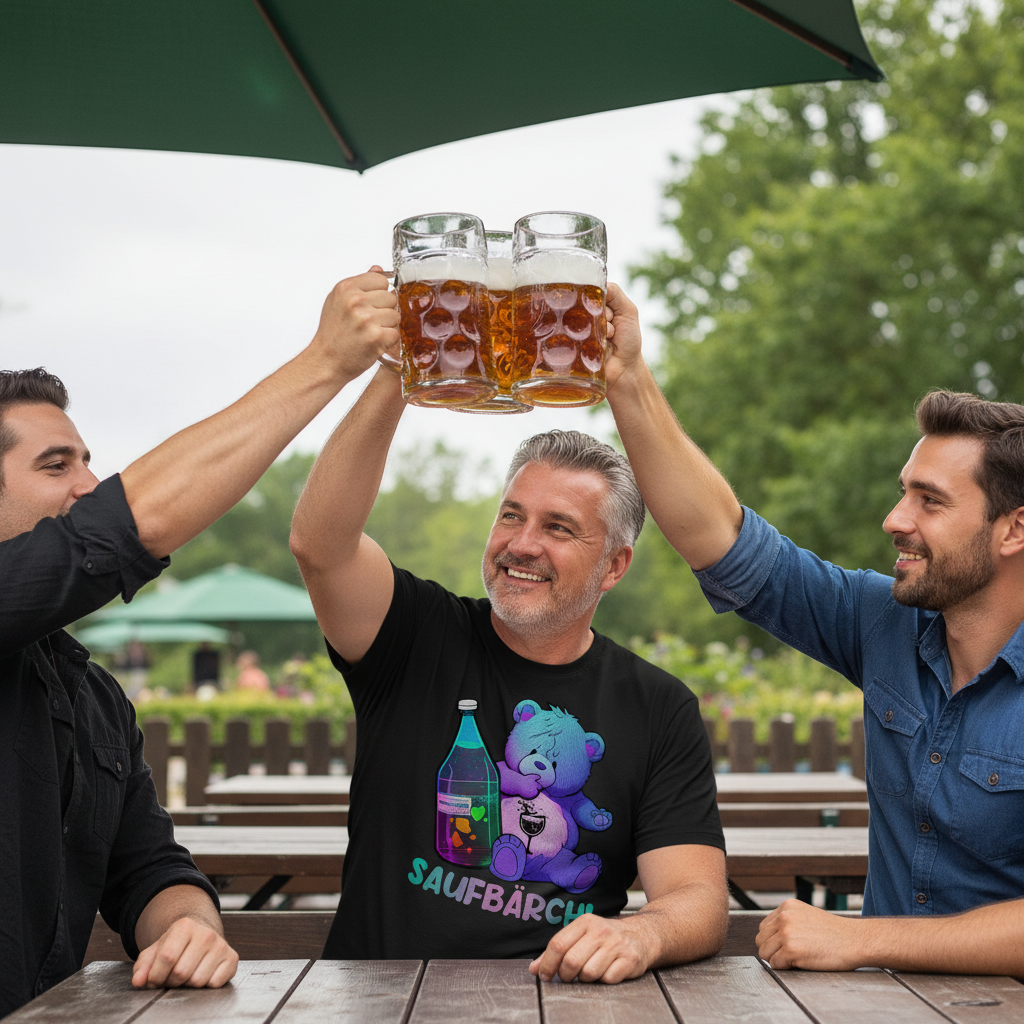 Biergarten Szene mit Saufbärchi Shirt, drei Freunde stoßen mit Maßkrügen an, entspannte Nachmittagsrunde