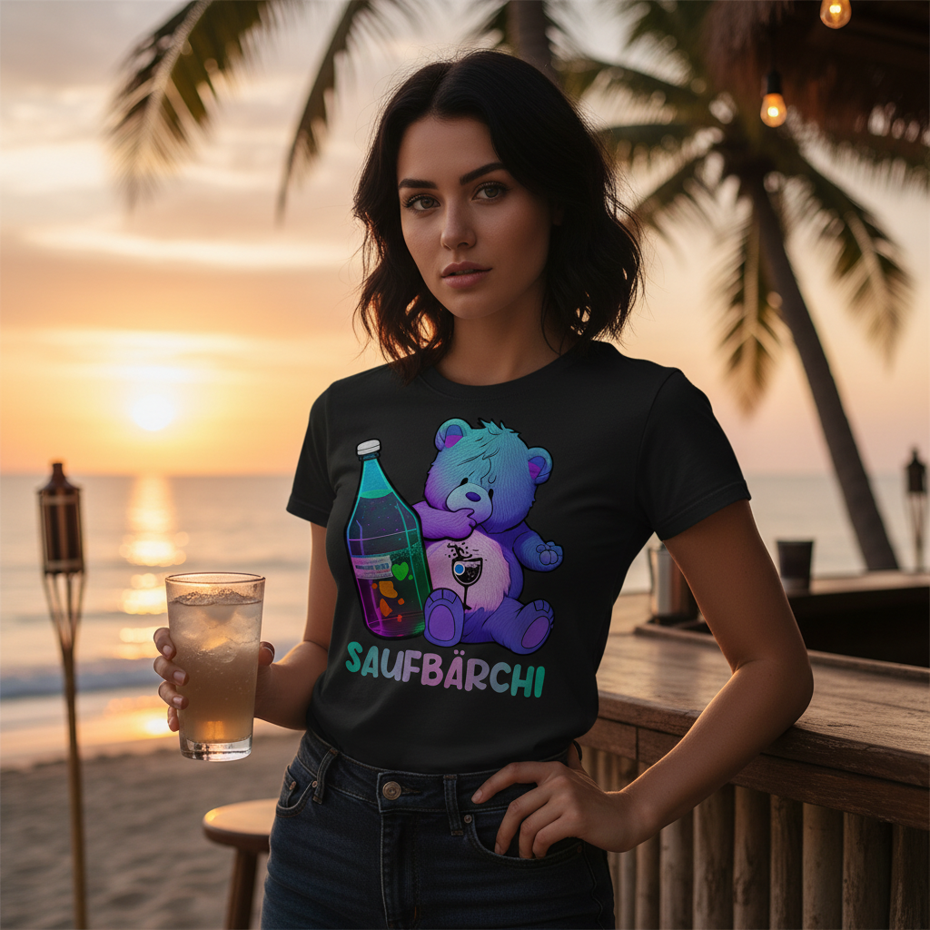 Strandbar bei Sonnenuntergang mit Saufbärchi Shirt, Frau mit Drink, Palmen und Meer im Hintergrund