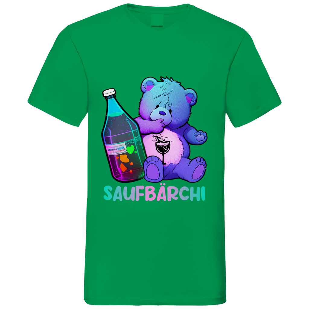 Kelly Green Herren V-Neck Shirt Saufbärchi Design mit Glücksbär und Flasche, Frontansicht