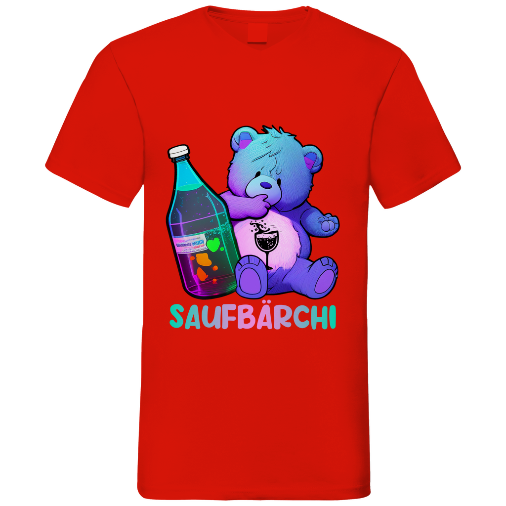 Rotes Herren V-Neck Shirt mit Saufbärchi Glücksbär Aufdruck und Schnapsflasche, Frontansicht