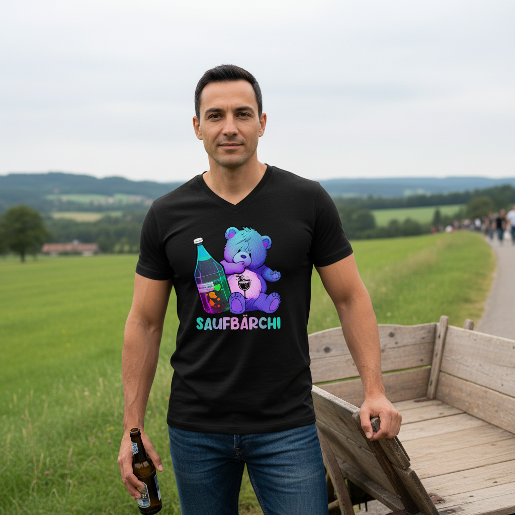 Mann auf Vatertag Tour mit Saufbärchi V-Neck, Bollerwagen und Bierflasche, Outdoor Feldweg