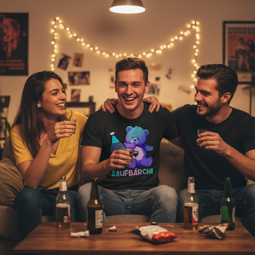 Junger Mann trägt Saufbärchi Shirt bei WG-Party mit Freunden auf Sofa, Schnapsgläser und Lichterketten