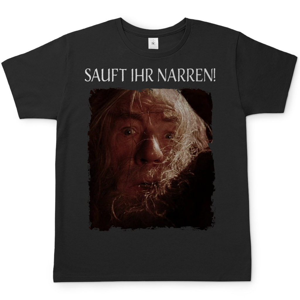 Schwarzes Herren Shirt mit SAUFT IHR NARREN Gandalf Motiv Der Herr der Ringe, Frontansicht