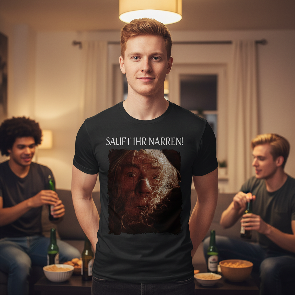 Ein Mann trägt das Sauft ihr Narren Gandalf Shirt bei der Hausparty-Vorbereitung im Wohnzimmer mit Snacks