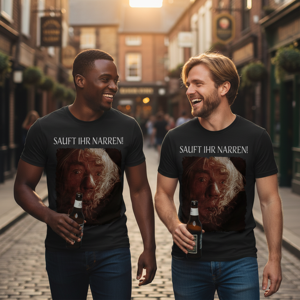 Zwei Männer tragen das Sauft ihr Narren Shirt im Partnerlook auf Kneipentour zwischen Bars und lachen