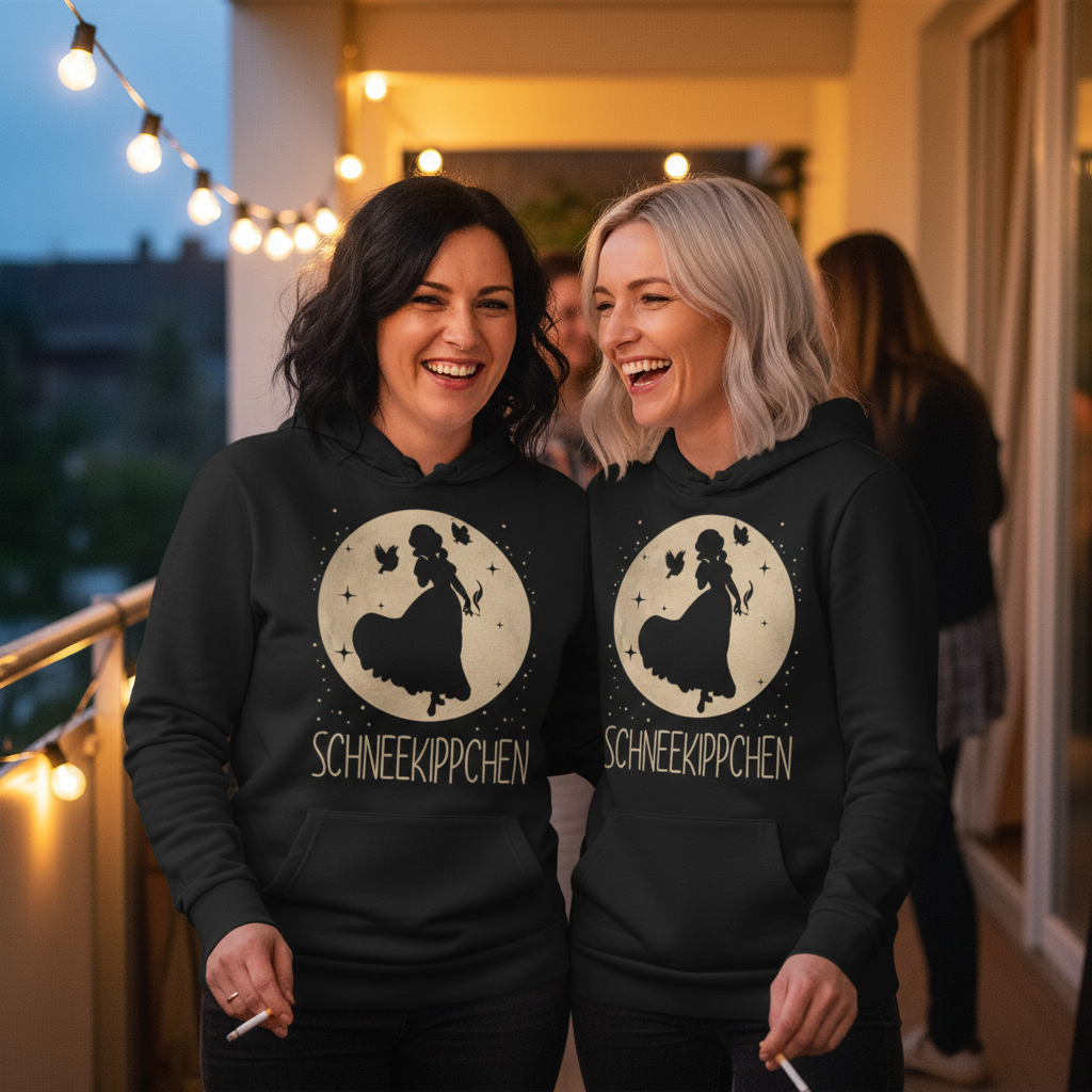 Zwei Frauen tragen den Schneekippchen Hoodie Partnerlook auf dem Balkon bei Hausparty und rauchen