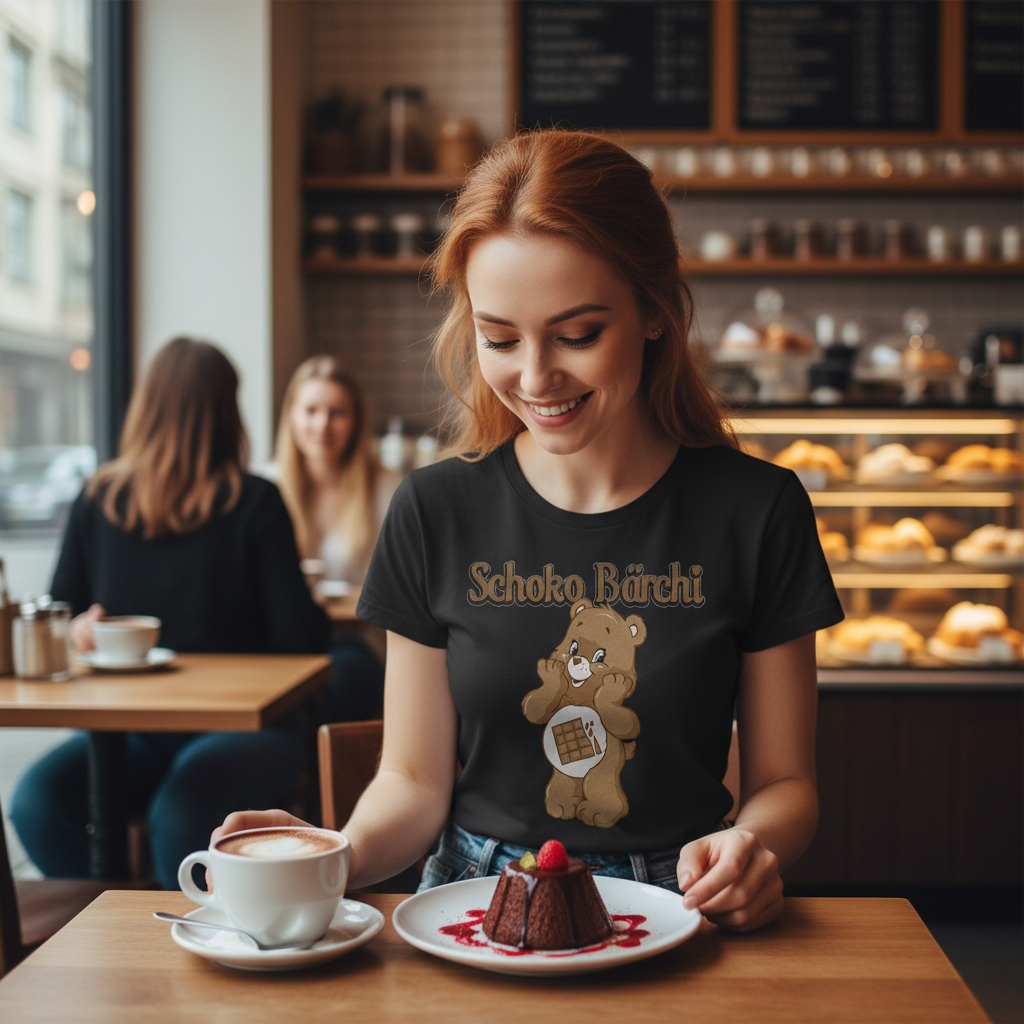 Junge Frau im Café genießt Schokoladen-Dessert mit Schoko Bärchi Damenshirt, gemütliche Atmosphäre