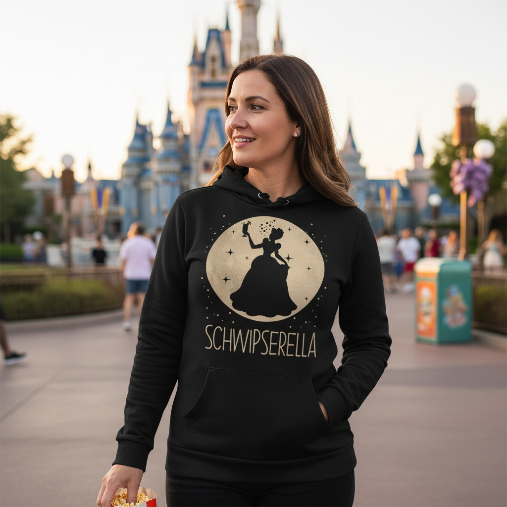 Eine Frau trägt den Schwipserella Hoodie beim Disney-Trip im Freizeitpark mit Snack