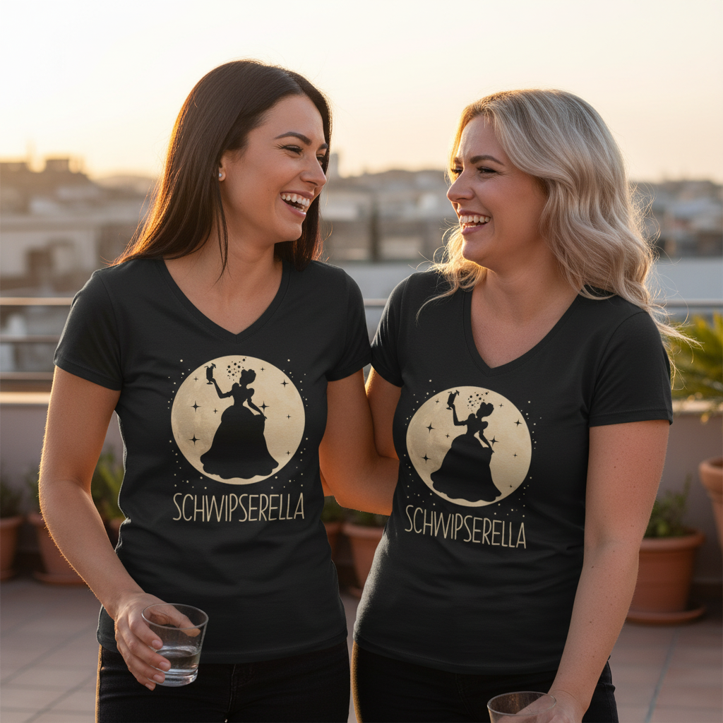 Zwei Frauen tragen Schwipserella Partnerlook Shirts beim JGA und stoßen mit Cocktails an