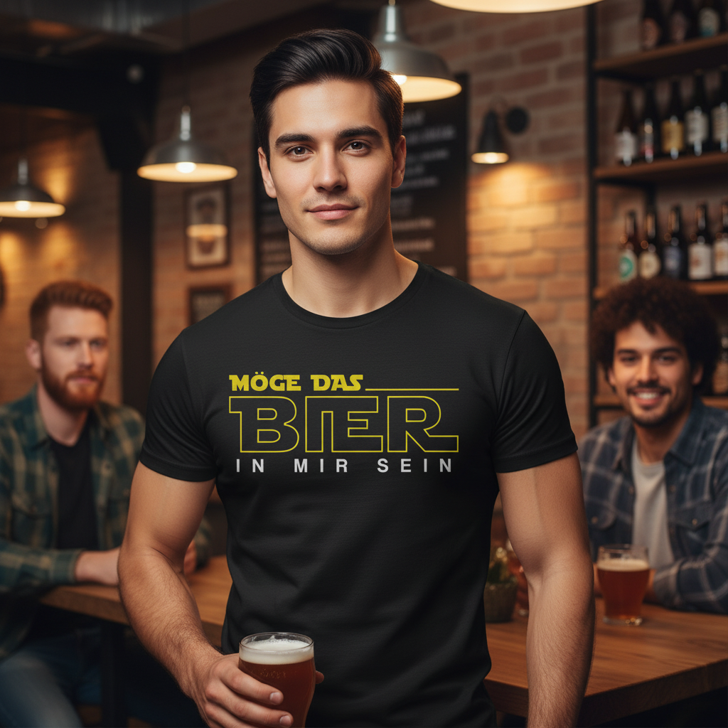Ein Mann trägt das Star Wars Bier Shirt Möge das Bier in mir sein bei Craft Beer Verkostung