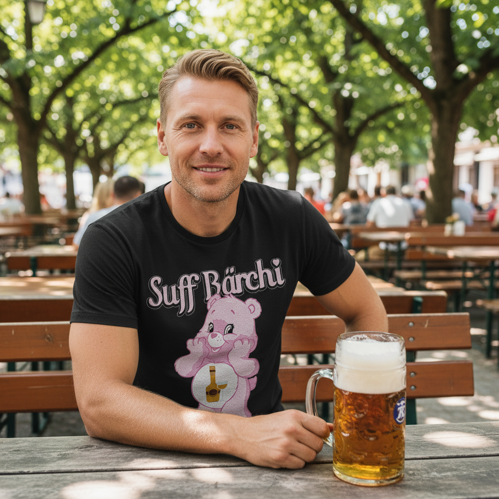 Entspannter Nachmittag im Biergarten mit Suff Bärchi Shirt und Maßkrug unter Kastanienbäumen